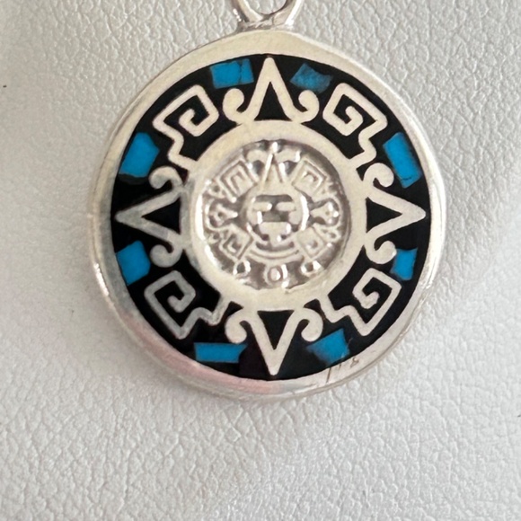 Sterling Silver 925 Aztec Mayan Turquoise Necklace And Earrings Set - Picture 4 of 10